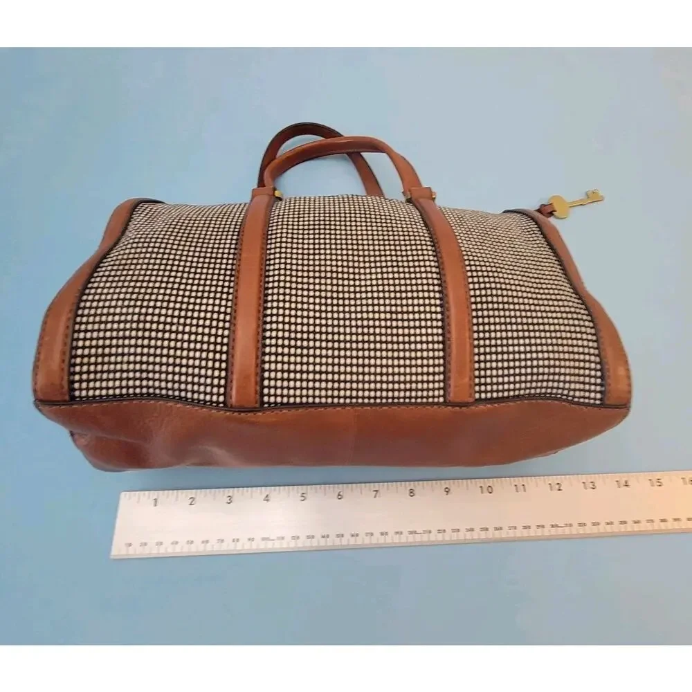 Fossil Kendall Satchel Bag Black White Fabric Brown Leather Trim Handbag